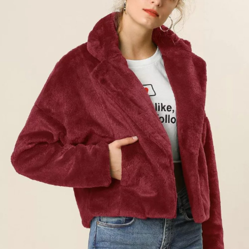 NWT A New Day Faux Fur Crop Jacket Burgundy Size L
